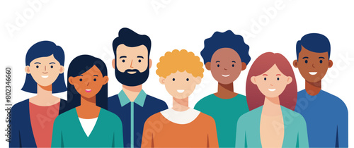 Vibrant illustration of a diverse group of seven smiling individuals standing together, portraying inclusivity and harmony in a flat design style for a modern look