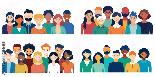 Colorful collection of illustrated flat design characters representing a diverse group of people with various ethnic backgrounds, hairstyles, and attires