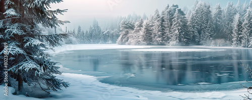 Breathtaking winter landscape featuring a serene frozen lake surrounded by snow-covered trees under a clear blue sky.