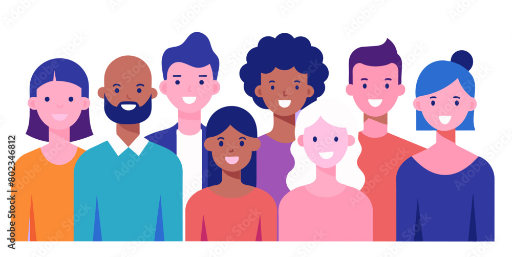 Illustration featuring a cheerful and diverse group of stylized people with various hairstyles and colorful clothing, representing inclusivity and teamwork in a flat design style Illustration featuring a cheerful and diverse group of stylized people with various hairstyles and colorful clothing, representing inclusivity and teamwork in a flat design style