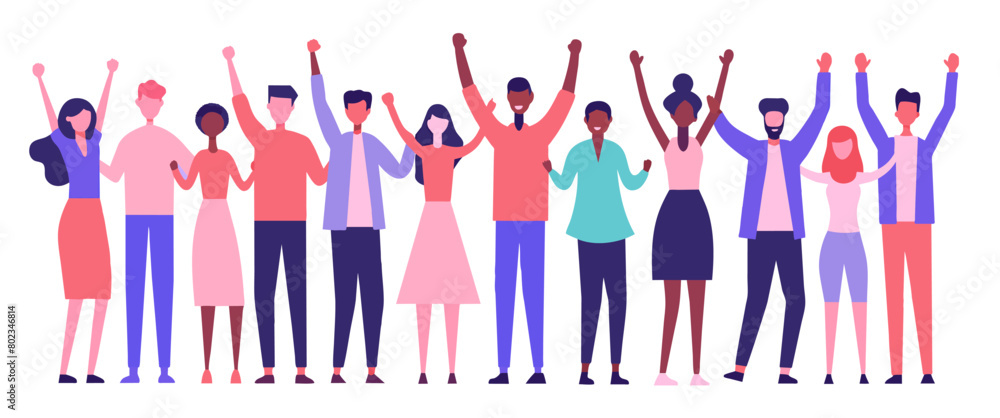 Illustration of a diverse group of happy people cheering together, with raised hands and joyful expressions, symbolizing celebration, teamwork, and unity in a flat design style