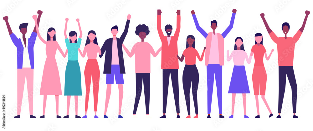 Illustration featuring a diverse group of cheerful people raising their hands in celebration, showcasing unity, joy, and diversity in flat design style Illustration featuring a diverse group of cheerful people raising their hands in celebration, showcasing unity, joy, and diversity in flat design style