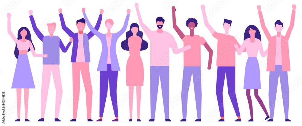 Diverse illustration of joyous people with raised arms in celebration, showcasing a variety of individuals united in a moment of happiness and success