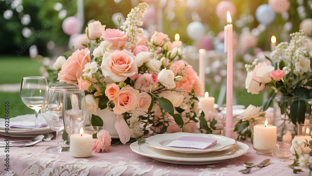 Birthday party decorated with flowers and candles, outside wedding table, happy birthday invitation card, wedding invitation card, and table with flowers and candles on a spring summer background Birthday party decorated with flowers and candles, outside wedding table, happy birthday invitation card, wedding invitation card, and table with flowers and candles on a spring summer background