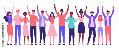 Illustration of a diverse group of happy people cheering together, with raised hands and joyful expressions, symbolizing celebration, teamwork, and unity in a flat design style
