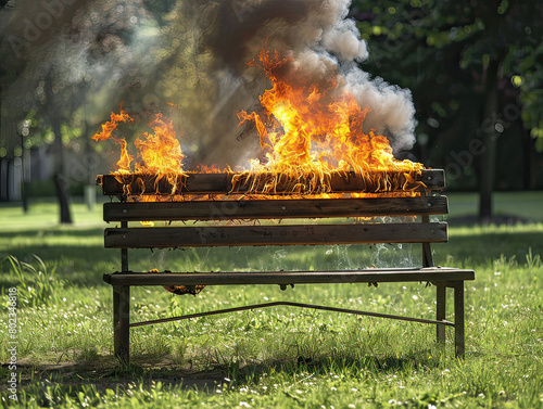 Vivid imagery of a bench engulfed in flames in a park setting, symbolizing destruction and urgency in urban spaces.