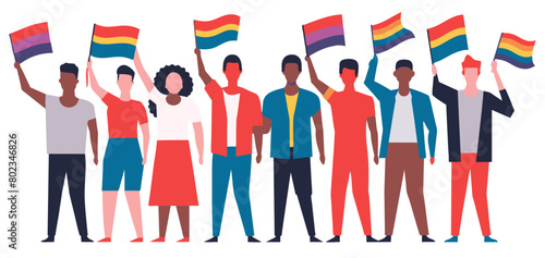 Vibrant illustration showcasing a diverse group of individuals united, each holding rainbow pride flags, representing solidarity and support for the lgbtq community
