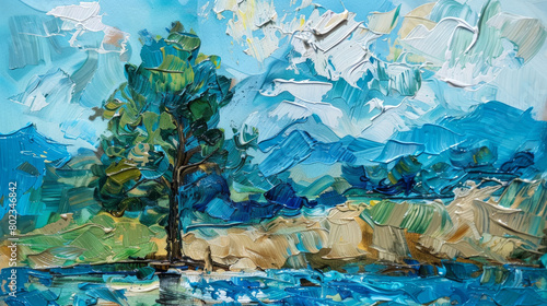 This vibrant oil painting features a solitary tree standing against a backdrop of layered blue mountain ranges under a dynamic, textured sky.
 photo