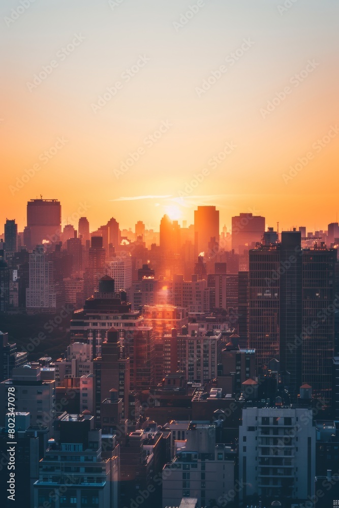 Fototapeta premium City skyline at sunset, using crisp lines and subtle shading to evoke a sense of modern elegance