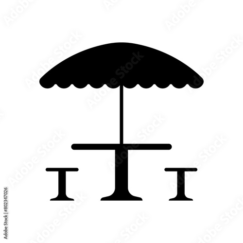 Table, chairs and umbrella icon. Black silhouette. Front side view. Vector simple flat graphic illustration. Isolated object on a white background. Isolate.