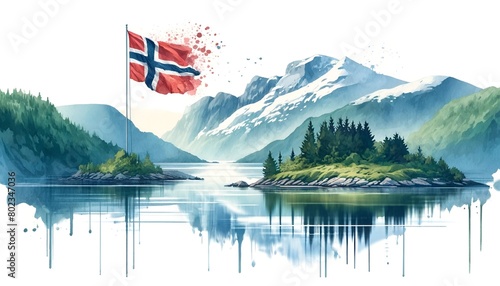 Watercolor illustration with a norwegian landscape for norway constitution day. photo