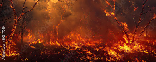 A severe forest fire at night  flames consuming tall trees and creating a dramatic  fiery landscape.