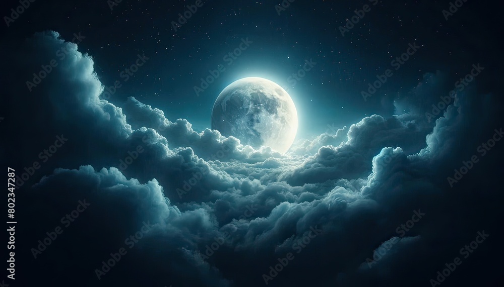 Surreal and dreamy scene depicting a full moon rising above soft, billowing clouds set against a starry sky.