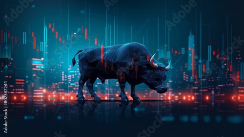 A blue and black bull standing in front of a glowing red and blue circuit board with a cityscape in the background. © Sodapeaw