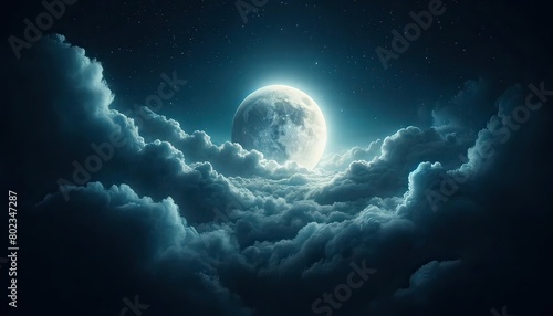 Surreal and dreamy scene depicting a full moon rising above soft, billowing clouds set against a starry sky. photo