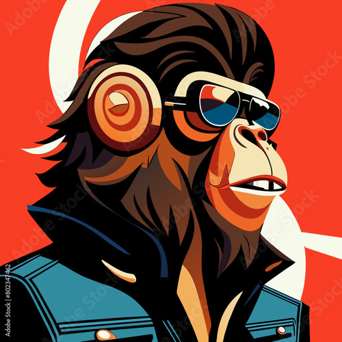 rocker chimpance leather jacket sunglasses long hair  vector illustration flat 2