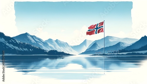 Watercolor painting illustration for norway's constitution day with a serene norwegian landscape.