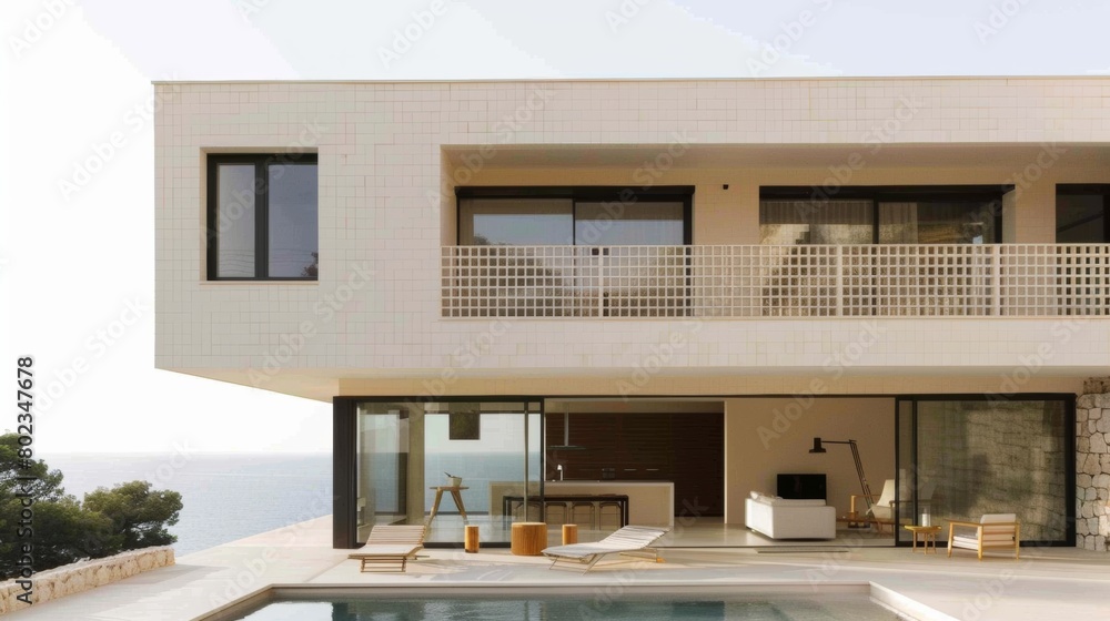Exterior of modern minimalist cubic villa with large swimming pool. White seaside luxury house with sea view Exterior of modern minimalist cubic villa with large swimming pool. White seaside luxury house with sea view