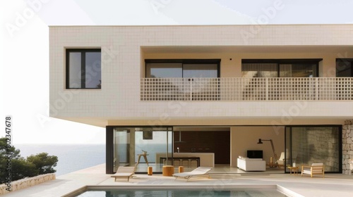 Exterior of modern minimalist cubic villa with large swimming pool. White seaside luxury house with sea view © Nuchylee