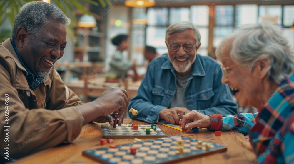 Group of seniors playing board games and socializing at a community center