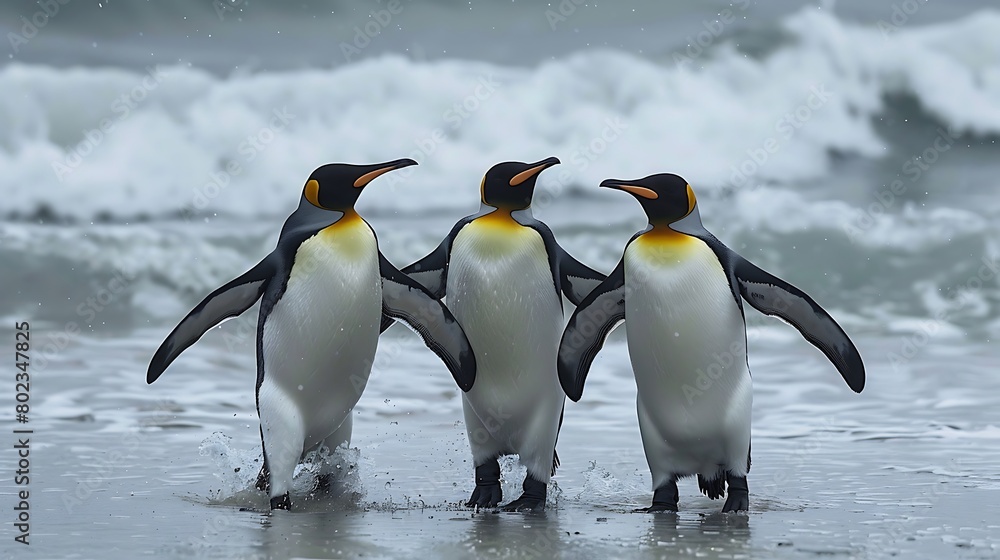 Fototapeta premium Three king penguins appear to be using their wings and holding hands as they dance in the surf on a beach