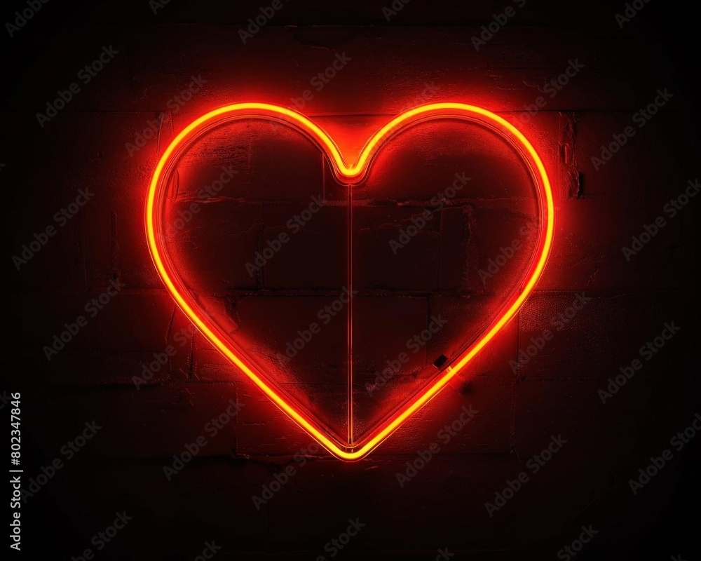 Simple neon red heart decoration glowing softly in a minimalist black setting for a party