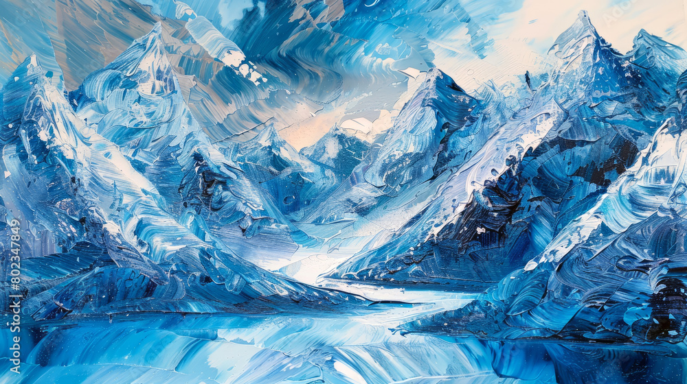 Obraz premium Expressive and dynamic oil painting depicting towering snowy mountains with a vivid blue palette, capturing the essence of a cold, icy landscape. 