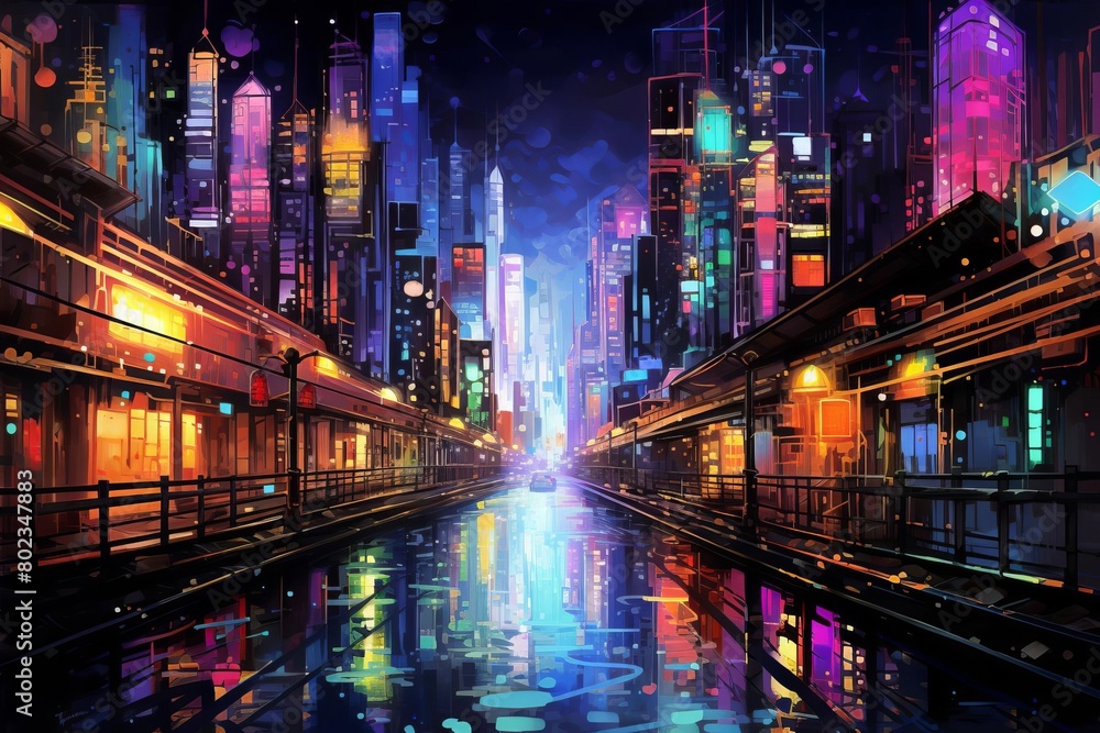 A vibrant cityscape with a river running through the middle