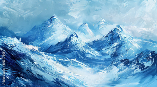 An evocative painting capturing the majestic beauty of icy blue mountains with sweeping, expressive brush strokes that convey the chill and grandeur of a winter scene. 