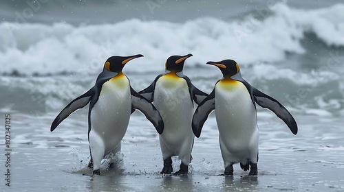 Three king penguins appear to be using their wings and holding hands as they dance in the surf on a beach