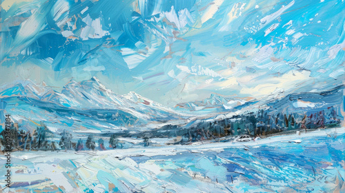 A vibrant impressionistic painting capturing a sweeping winter landscape, with expressive brush strokes depicting snowy mountains and icy blue skies. 