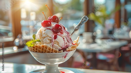 traditional ice cream with cherry souse crispy waffle and a spoon under sunlight inside a restaurant with window view
