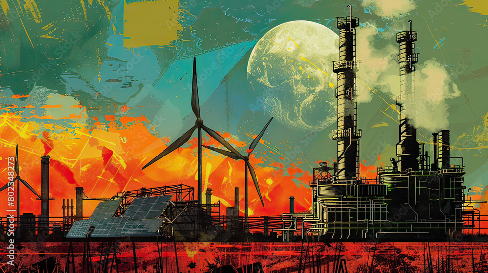 Obraz premium Futuristic industrial landscape featuring wind turbines and solar panels against a dramatic sunset, depicting renewable energy.