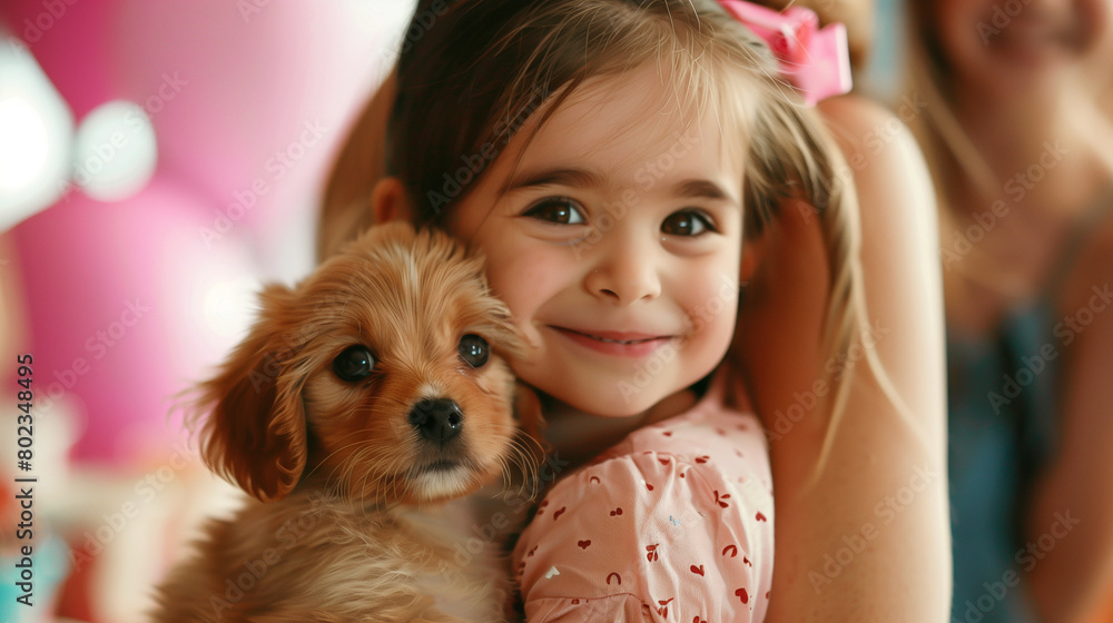 A little girl smiling with her puppy at birthday party A little girl smiling with her puppy at birthday party