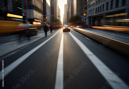 A morning commute  with blurred vehicles and pedestrians streaming through the cityscape  generative AI