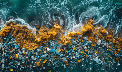Ocean pollution with plastics and seaweed from aerial view. Environmental crisis and marine pollution concept. World Oceans Day.