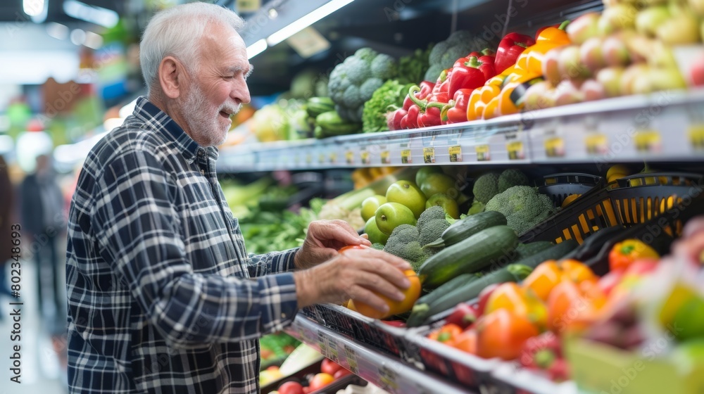 senior man carefully selecting fresh fruits and vegetables at a grocery store, focusing on healthy eating