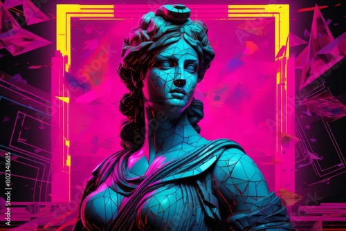 A statue of a Greek goddess with blue skin and glowing pink eyes stands in front of a pink and purple background photo