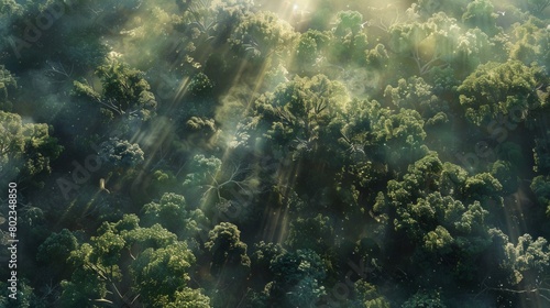 Craft a high-angle view of a mystical forest brimming with legendary creatures  blending dappled sunlight with ethereal shadows  using vivid digital art techniques