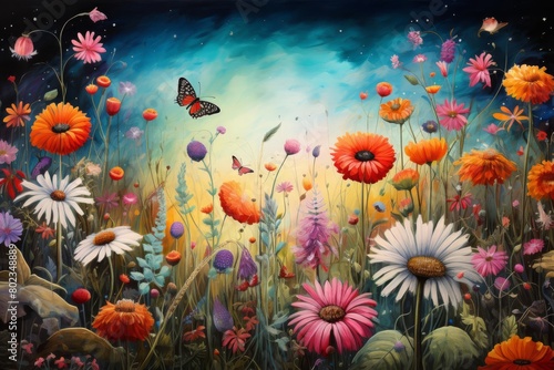 A vibrant painting of a field of flowers in full bloom 