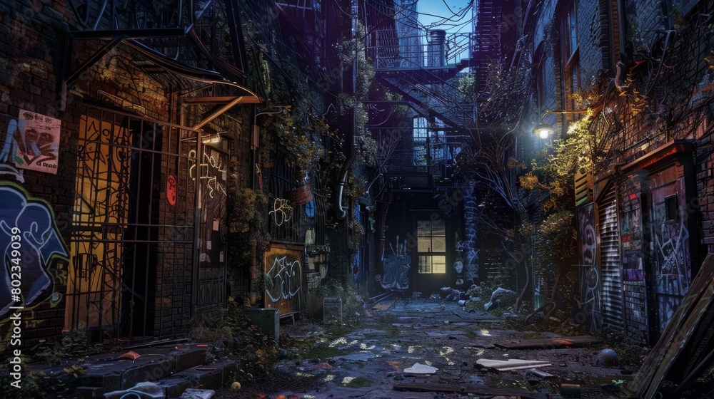 Fototapeta premium Capture the essence of love in a forbidden urban sanctuary Use groundbreaking lighting techniques to portray the raw emotions of secret rendezvous amidst decaying architecture and