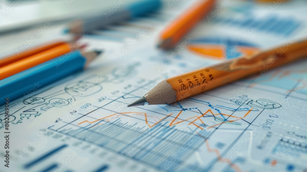 A close-up image of a pencil on a desk with a financial graph in the background. A close-up image of a pencil on a desk with a financial graph in the background.