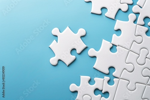Close-up of a completed white jigsaw puzzle on blue backdrop 