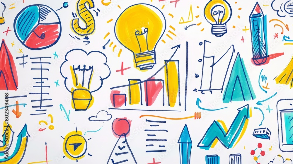 A colorful drawing of charts, graphs, and other symbols representing business and finance. A colorful drawing of charts, graphs, and other symbols representing business and finance.