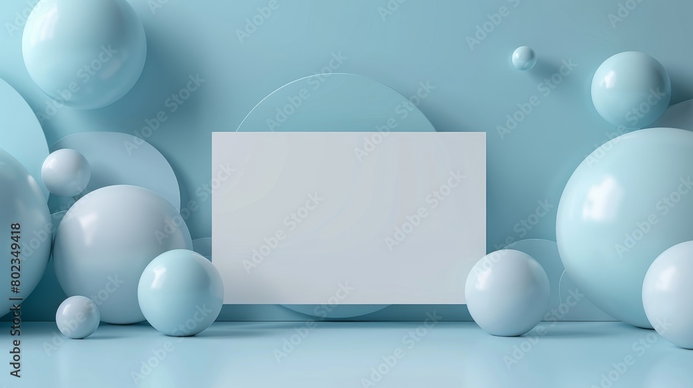 3D rendered white card mockup floating amidst blue and white spheres showcasing a minimalist design with soft rounded shapes in a frontal view. 3D rendered white card mockup floating amidst blue and white spheres showcasing a minimalist design with soft rounded shapes in a frontal view.
