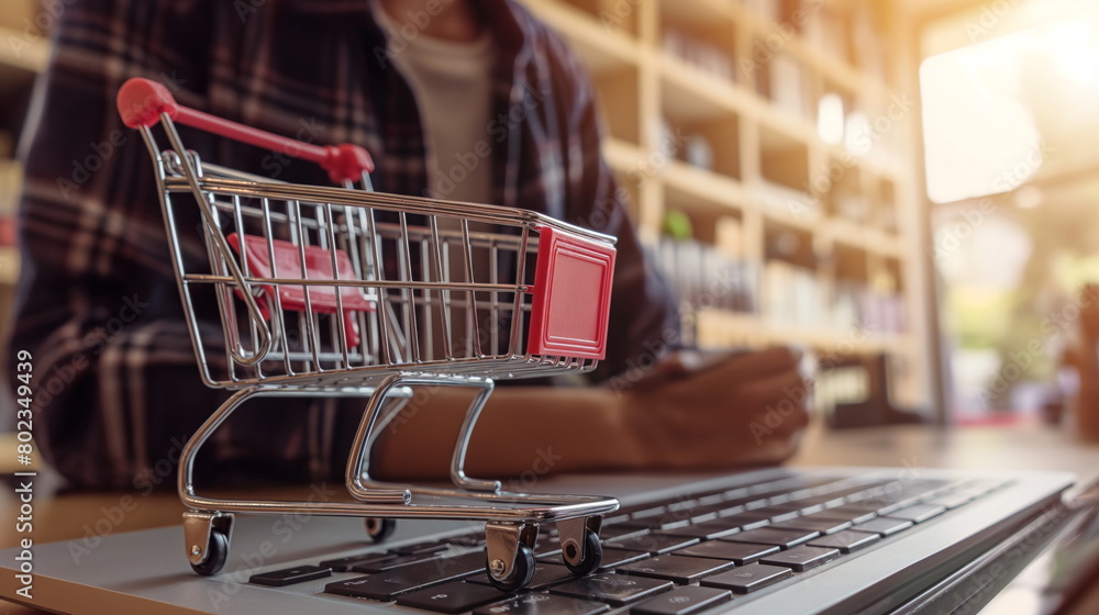 shopping cart placed on top of a laptop computer