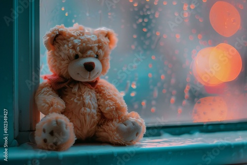 Teddy bear sitting on the windowsill with bokeh background