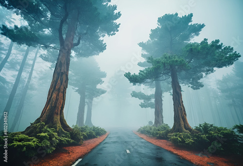 The dramatic view on the road and wall fir-tree forest against the blue sky in the fog for creative background. 2D illustration