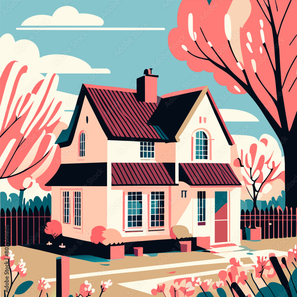 house building in spring, vector illustration flat 2
