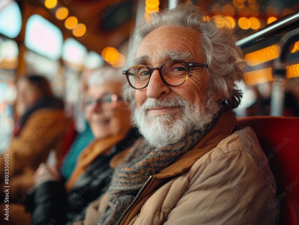 Joyful senior operson  on carousel ride,  Elderly man with glasses laughing on a merry-go-round with a woman in the background smiling